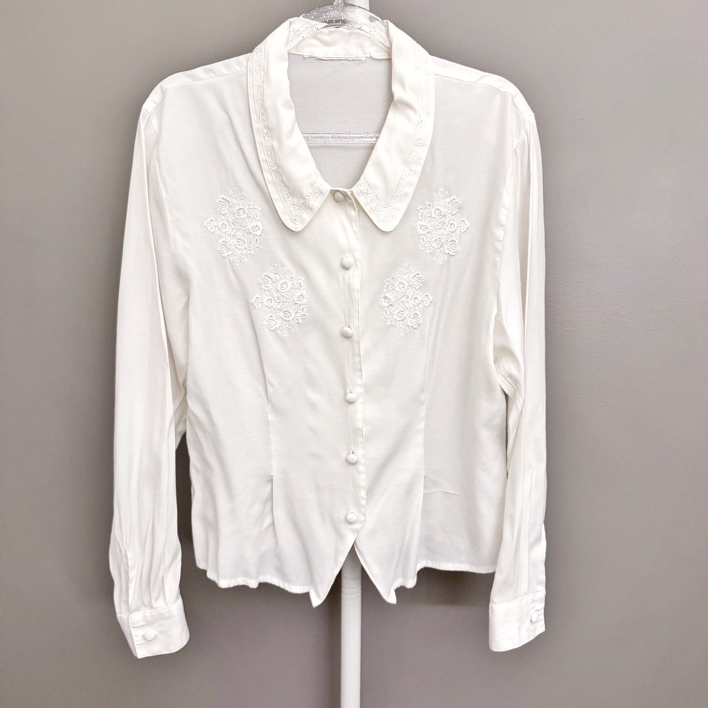 Vintage Romantic Boho Cottagecore Lace Collar Cream White Button Down  Blouse